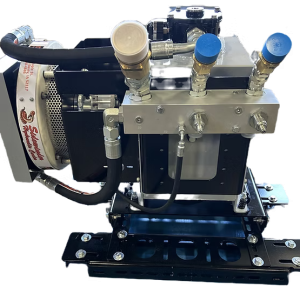 DH Hydraulics Single Cool Pack unit mounted on black frame bracket, showing reservoir top with hydraulic fittings and gauge ports.