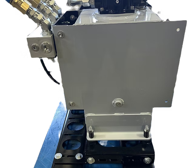 Front view of DH Hydraulics Single Cool Pack cooling fan housing with hydraulic hose routing and suction port fitting on top of reservoir.