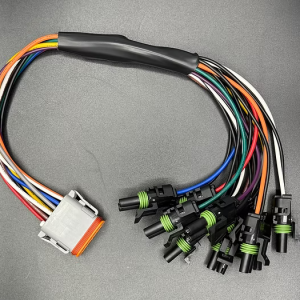 X8Pro replacement wiring harness with color-coded wires, main connector plug on one end and individual Weatherpack terminal connectors on the other.