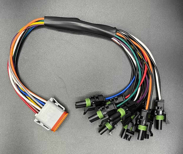 X8Pro replacement wiring harness with color-coded wires, main connector plug on one end and individual Weatherpack terminal connectors on the other.