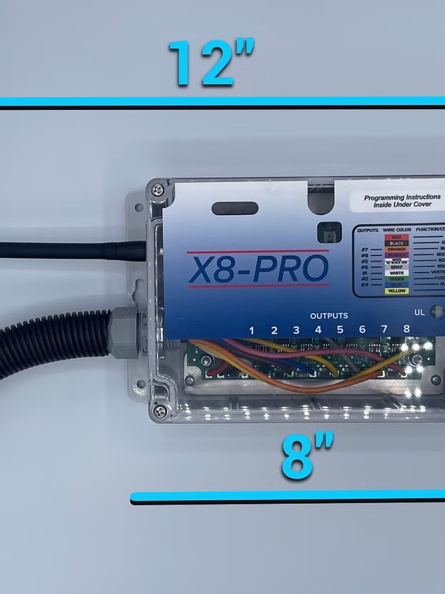 X8Pro wireless remote kit full contents: sealed poly receiver box with labeled output wiring diagram and 8-pin harness, handheld transmitter with button pad, and lanyard strap.