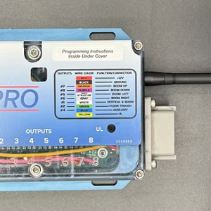 X8Pro wireless receiver in anodized aluminum case with antenna, showing output wiring label chart for 8 coil functions and numbered output terminals.